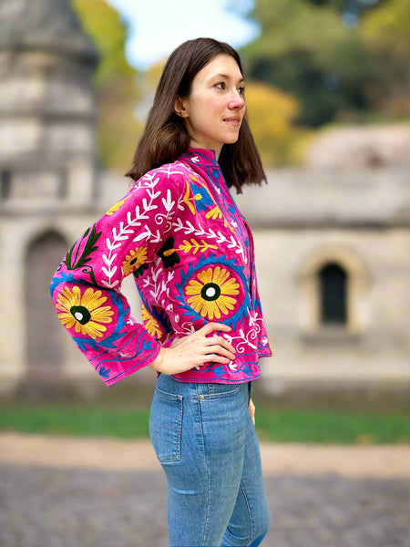 Pink With Blue and Yellow Velvet Embroidered Jacket