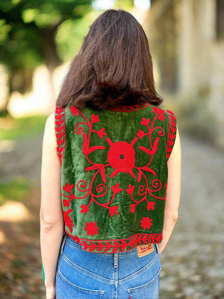 Green and Red Velvet Embroidered Vest