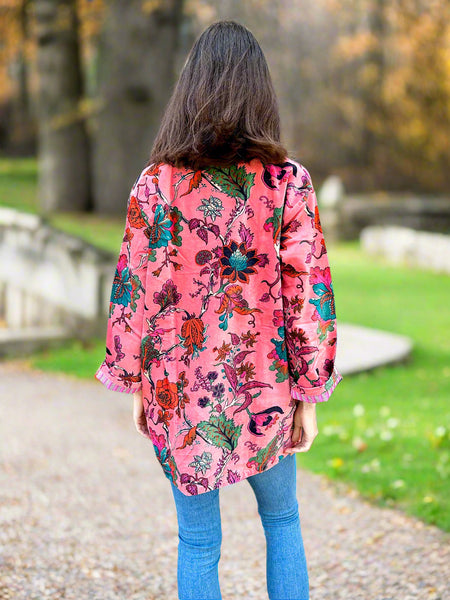 Peach Botanical Print Short Velvet Jacket