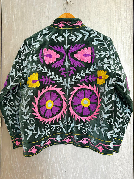 Dark Emerald Green Velvet Embroidered Jacket