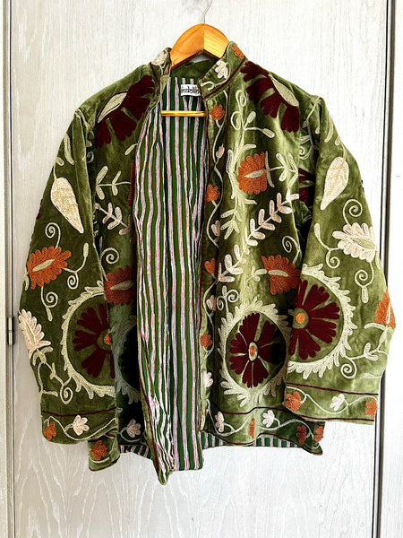 Forest Green Velvet Embroidered Jacket