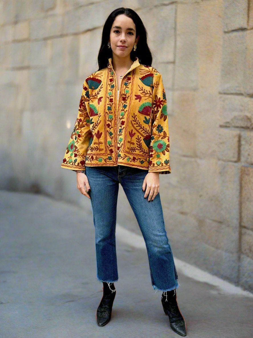 Mustard Yellow Velvet Embroidered Jacket