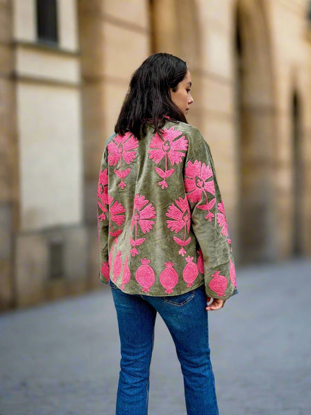 Olive Green with Pink Velvet Embroidered Jacket