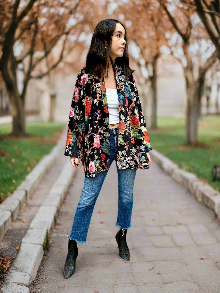 Black Botanical Print Short Velvet Jacket