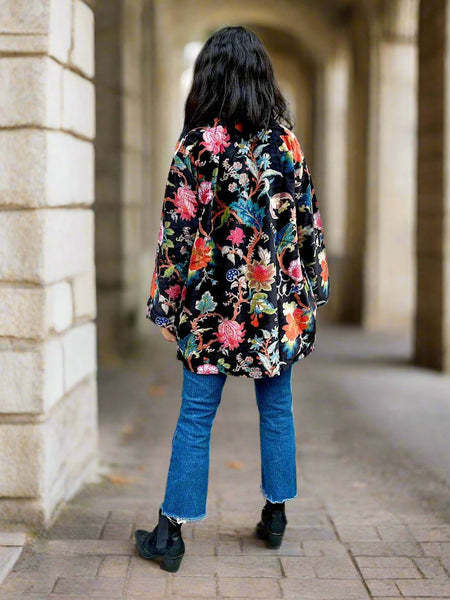 Black Botanical Print Short Velvet Jacket