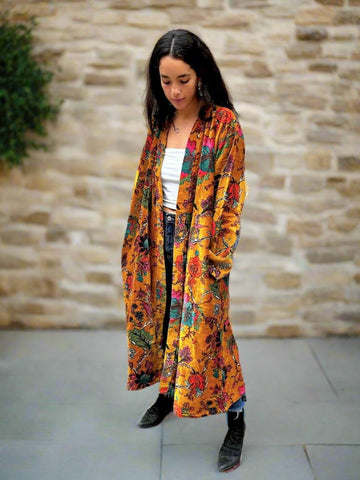 Mustard Botanical Print Long Velvet Jacket