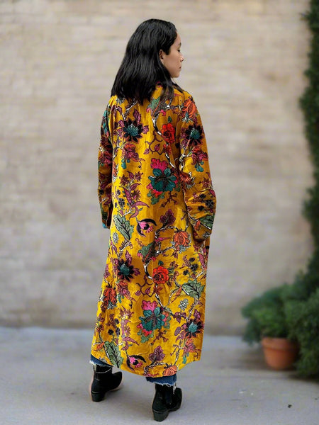 Mustard Botanical Print Long Velvet Jacket