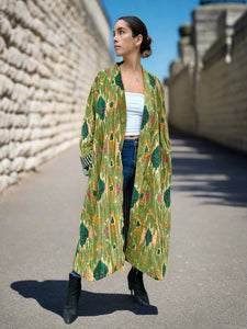 Green Aztec Ikat Print Long Velvet Jacket