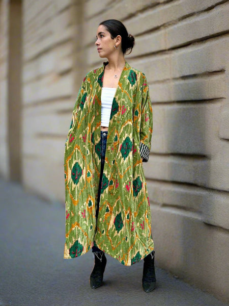 Green Aztec Ikat Print Long Velvet Jacket