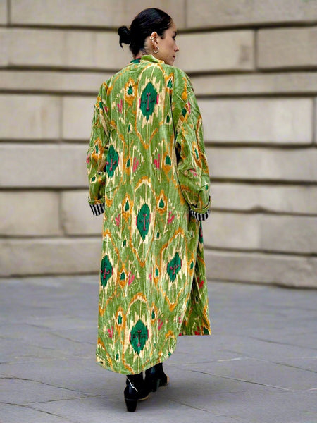 Green Aztec Ikat Print Long Velvet Jacket