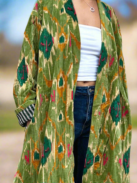 Green Aztec Ikat Print Long Velvet Jacket