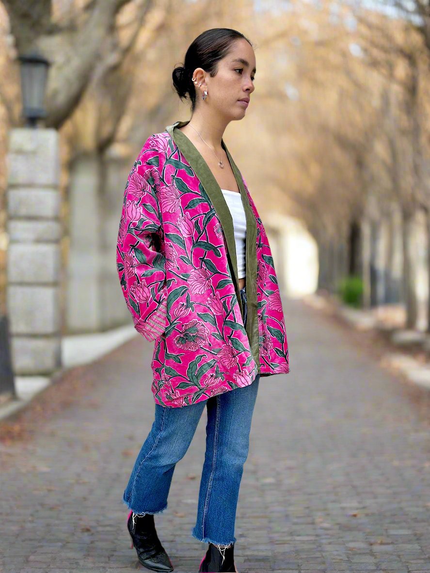 Pink and Green Floral Print Short Velvet Jacket