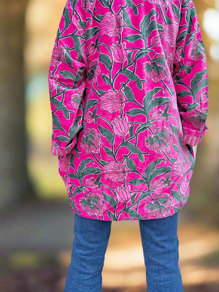 Pink and Green Floral Print Short Velvet Jacket