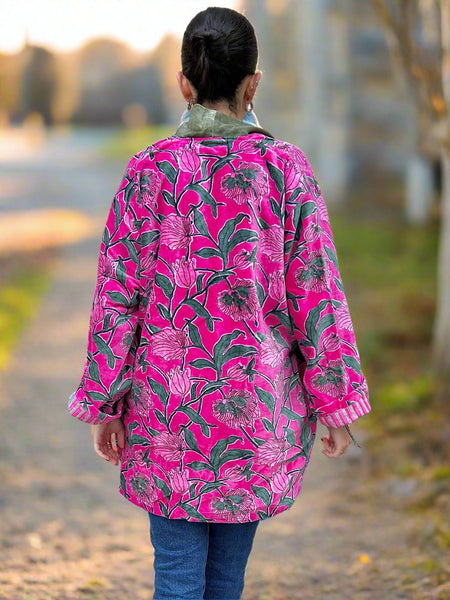 Pink and Green Floral Print Short Velvet Jacket