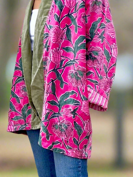 Pink and Green Floral Print Short Velvet Jacket