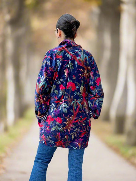 Marine Blue Birds and Flowers Print Short Velvet Jacket