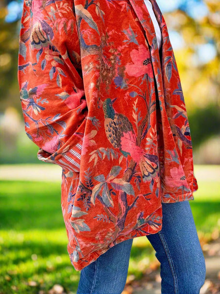 Ochre Birds and Flowers Print Short Velvet Jacket