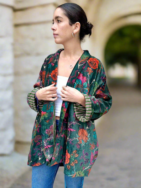 Christmas Green Botanical Print Short Velvet Jacket