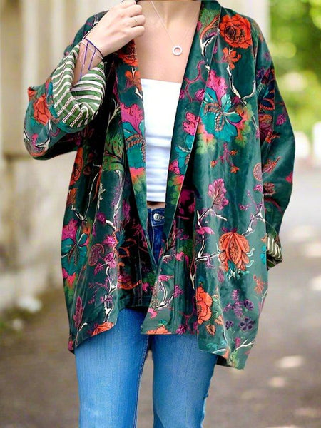 Christmas Green Botanical Print Short Velvet Jacket