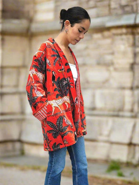 Orange Animal Safari Print Short Velvet Jacket