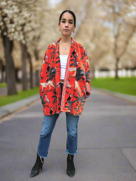 Orange Animal Safari Print Short Velvet Jacket