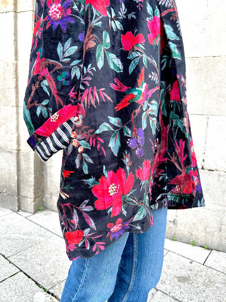 Black Birds and Flowers Print Velvet Jacket