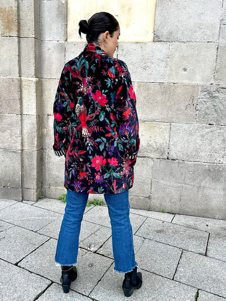 Black Birds and Flowers Print Velvet Jacket