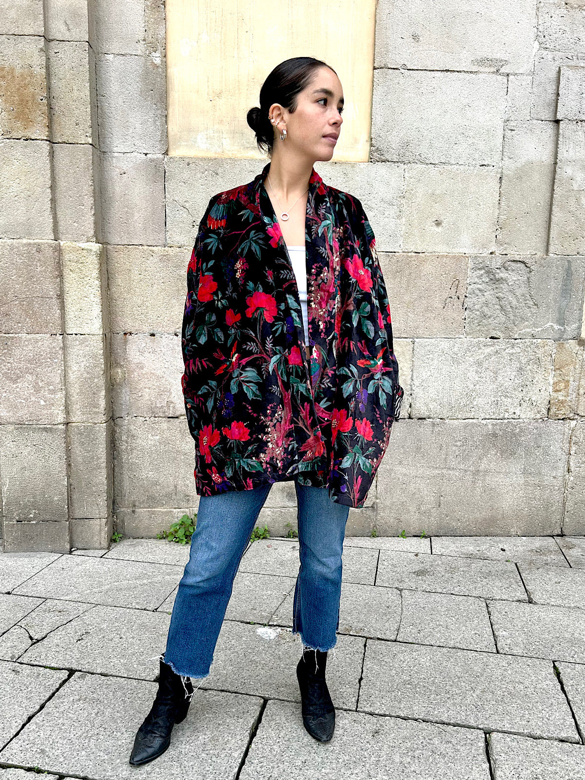 Black Birds and Flowers Print Velvet Jacket