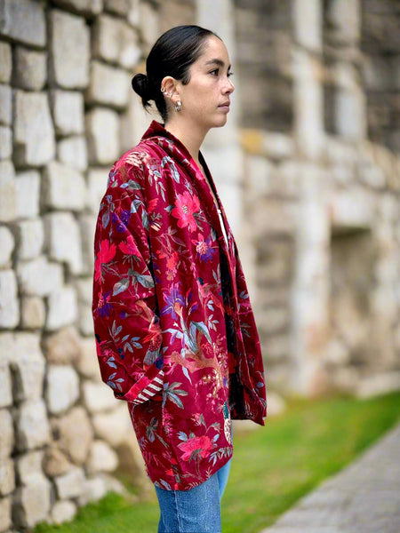 Maroon Birds and Flowers Print Short Velvet Jacket