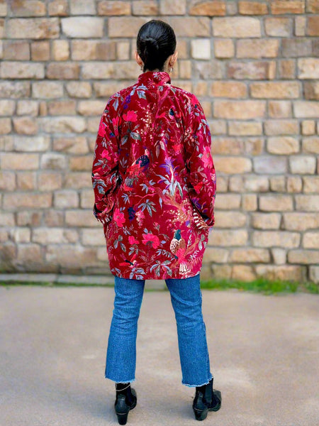 Maroon Birds and Flowers Print Short Velvet Jacket