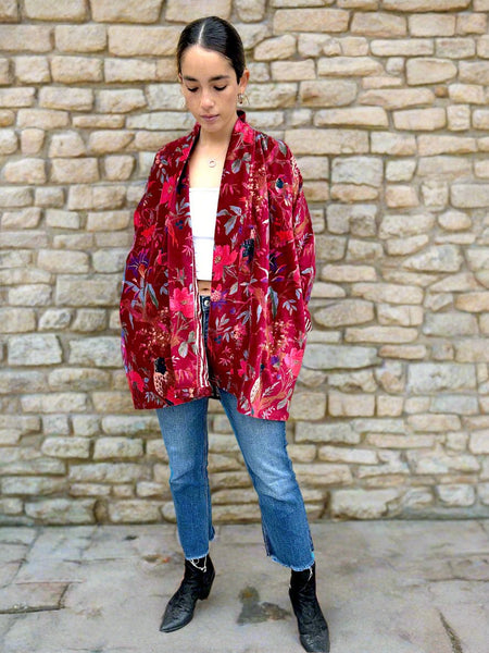 Maroon Birds and Flowers Print Short Velvet Jacket