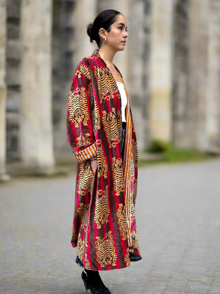 Red and Brown Tiger Print Long Velvet Jacket