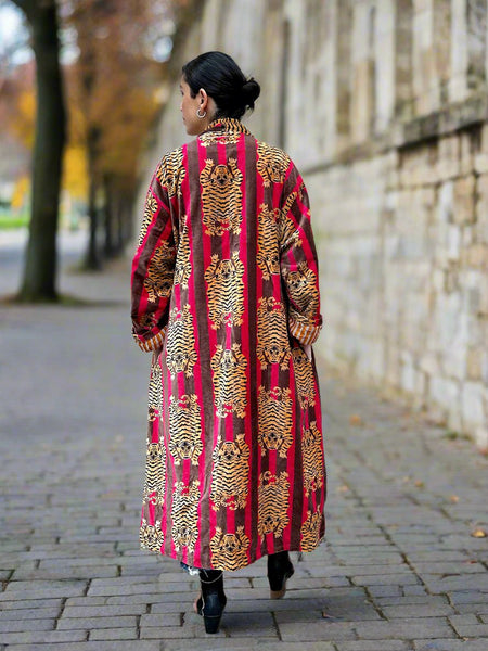 Red and Brown Tiger Print Long Velvet Jacket