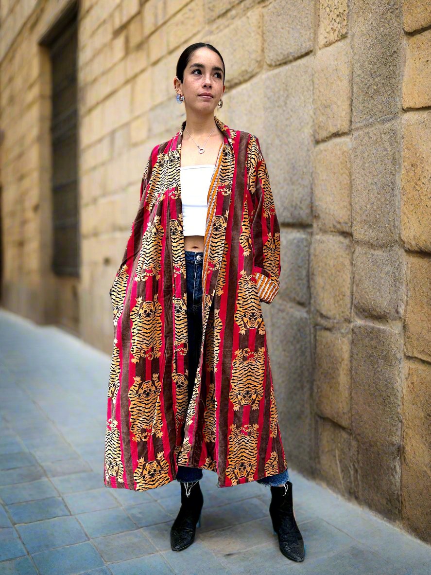 Red and Brown Tiger Print Long Velvet Jacket