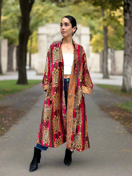 Red and Brown Tiger Print Long Velvet Jacket