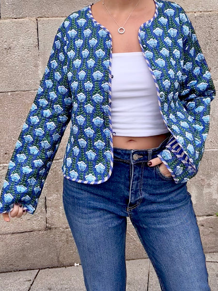 Blue Floral Printed Cotton Short Reversible Jacket