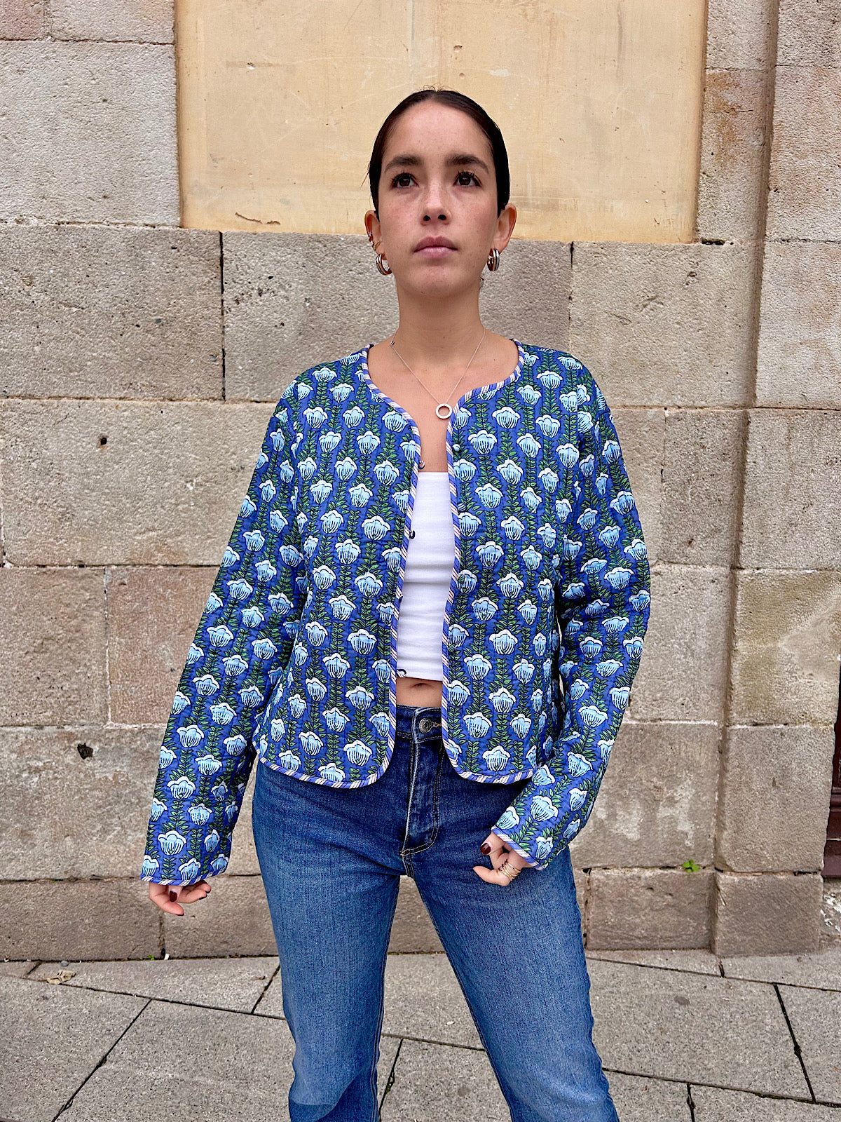 Blue Floral Printed Cotton Short Reversible Jacket