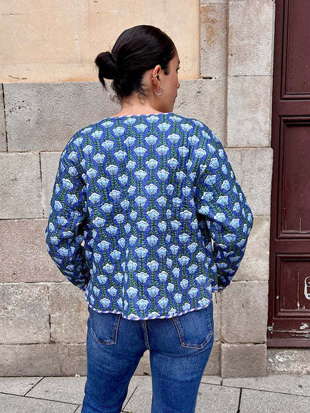 Blue Floral Printed Cotton Short Reversible Jacket