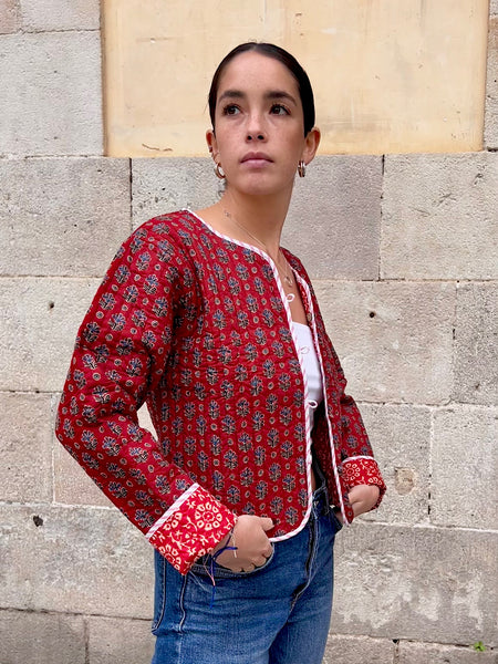 Red and Black Printed Cotton Short Reversible Jacket