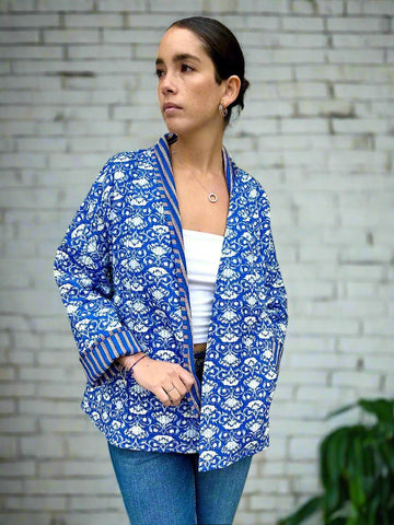 Aqua Blue and White Cotton Wrap Reversible Jacket