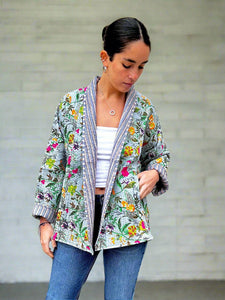 Grey Botanical Cotton Wrap Reversible Jacket