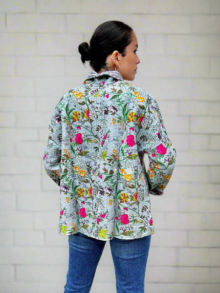 Grey Botanical Cotton Wrap Reversible Jacket