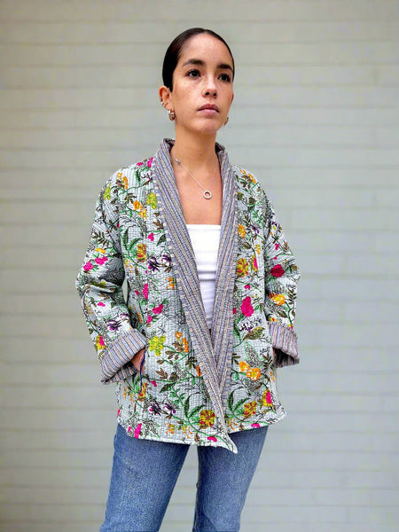 Grey Botanical Cotton Wrap Reversible Jacket