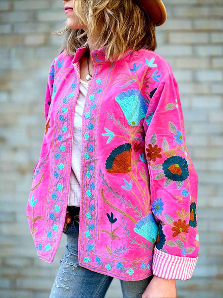 Fuchsia Pink Velvet Embroidered Jacket