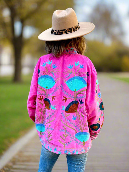 Fuchsia Pink Velvet Embroidered Jacket