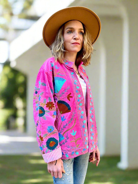 Fuchsia Pink Velvet Embroidered Jacket