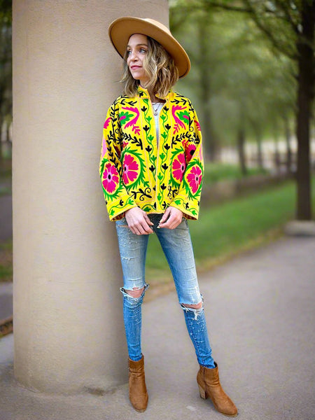 Bright Yellow Velvet Embroidered Jacket