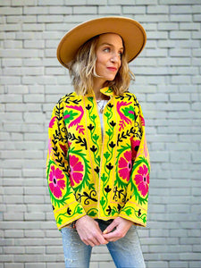 Bright Yellow Velvet Embroidered Jacket