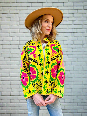 Bright Yellow Velvet Embroidered Jacket