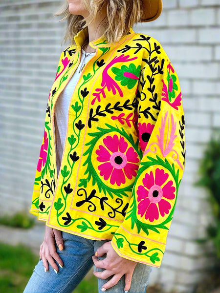 Bright Yellow Velvet Embroidered Jacket